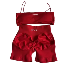 DFYNE Seamless Bandeau Halter Sports Bra & High Waisted Shorts Set – Padded Thin Strap Gym Outfit | Tummy Control Yoga 2-Piece Set