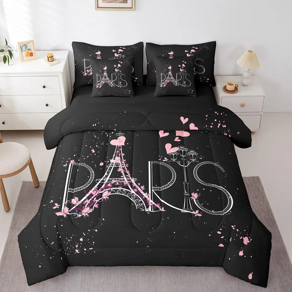 Feelyou 7-Piece Queen Unique Pink Bedding Set - Chic Paris Romantic Black Modern French Style Bed-in-a-Bag with Sheets, Decorative Bedroom Linens, Unique Bedding Sets