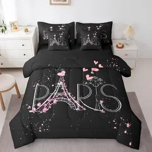 Eiffel Tower 7 PCS Comforter Set with Sheets,Chic Paris 7 Pieces Bed in a Bag,Set,Romantic Theme Black Pink Modern French Style Comforter Set