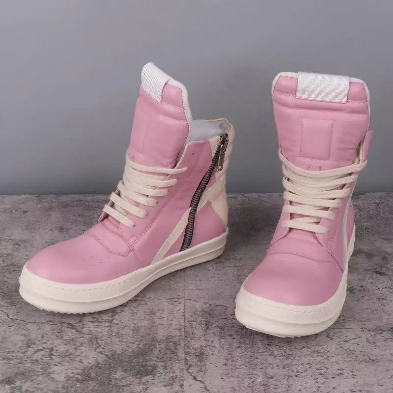 Men‘s and Women‘s runway designer inverted triangle retro shoes color blocking ro high top height increasing cowhide ankle boots luxury thin shoelaces casual zipper multiple colors genuine leather trainers