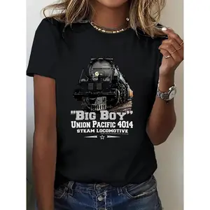 Women's Union Pacific 4014 Big Steam Locomotive Graphic T-Shirt - 100% Cotton Black Crew Neck Short Sleeve Tee, Casual Comfort, Machine Washable, Perfect for Holiday Gifts & Outdoor Activities