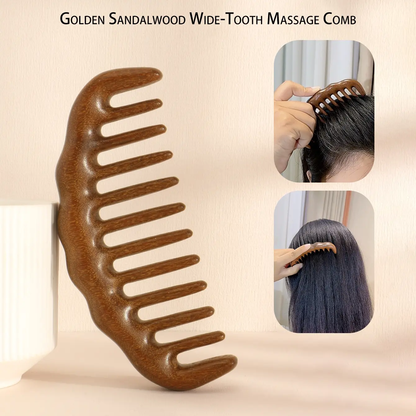 Natural Sandalwood Wide Tooth Hair Detangling Comb, Anti-Static Wooden Brush for Hair Styling Brush, Suitable for Curly, Straight, Wavy Hair, Home Use for Women