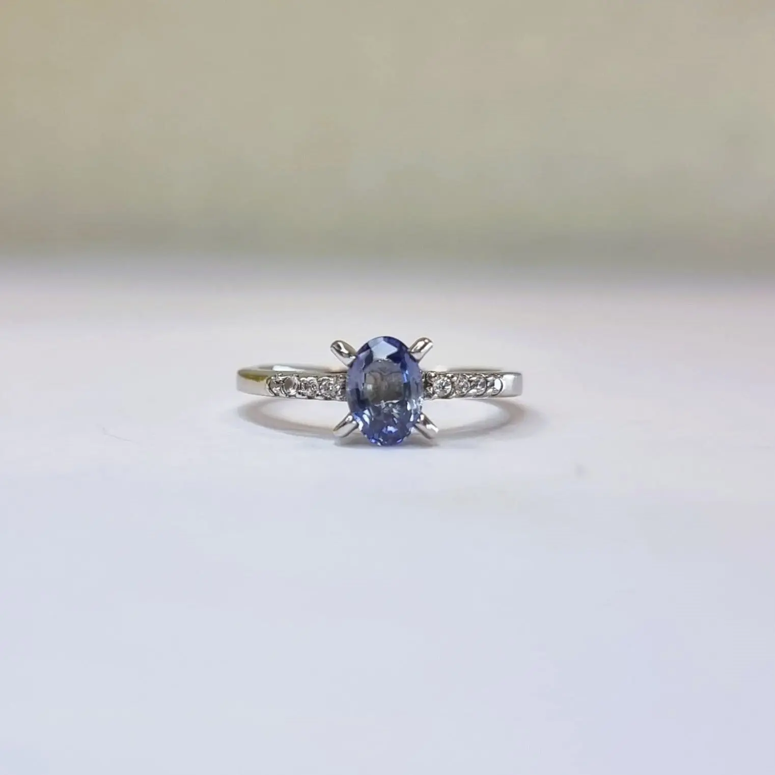 1ct Oval Blue Sapphire with White Zircon Engagement Ring