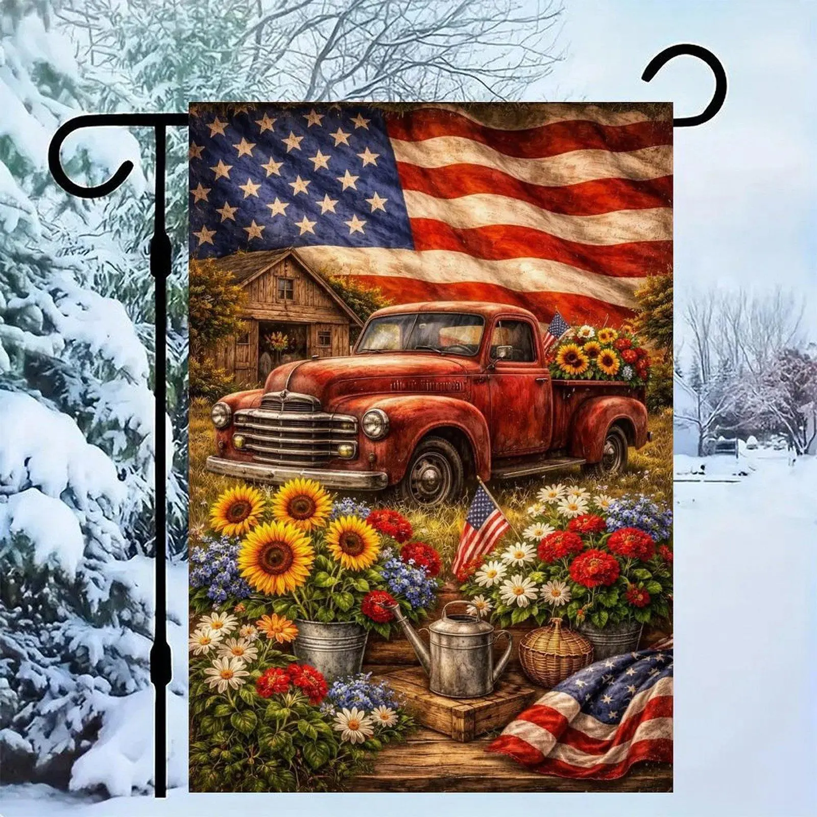 12*18in Vintage Red Truck American Flag Sunflower Patriotic Farmhouse Garden Flag Double Sided, Retro Country Floral Outdoor Decor Flag