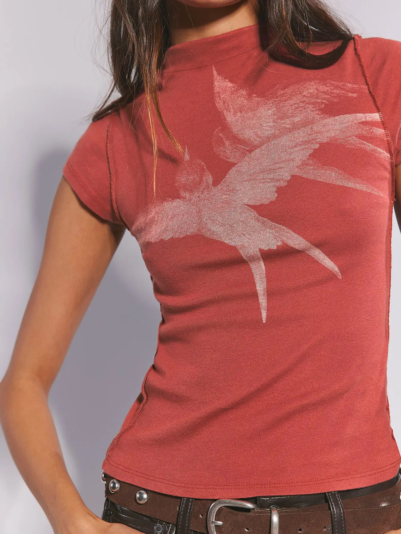 Spring and summer new Basic short sleeved inss style retro Vintage swallow print small high neck red Lady T-shirt slim fit, Streetwear