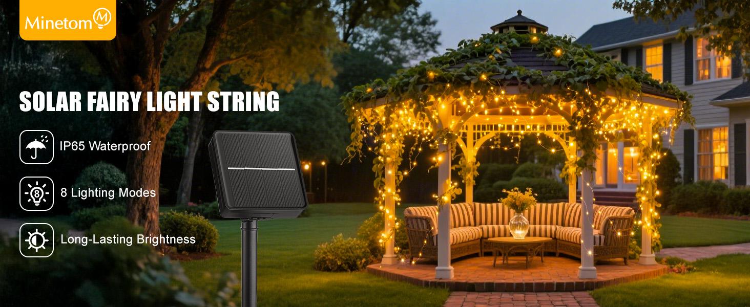 Minetom Solar String Lights for Outside, 33Ft 100 LED Outdoor Solar Fairy Lights, 8 Modes Balcony Lights for Tree Patio Christmas Party Wedding Decor (Warm White)