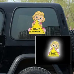 Cute Reflective Baby on Board Car Sticker, Safety Reminder Decal, Cartoon Boy Girl Kids on Board Decal, Waterproof Car Window Body Bumper Decoration