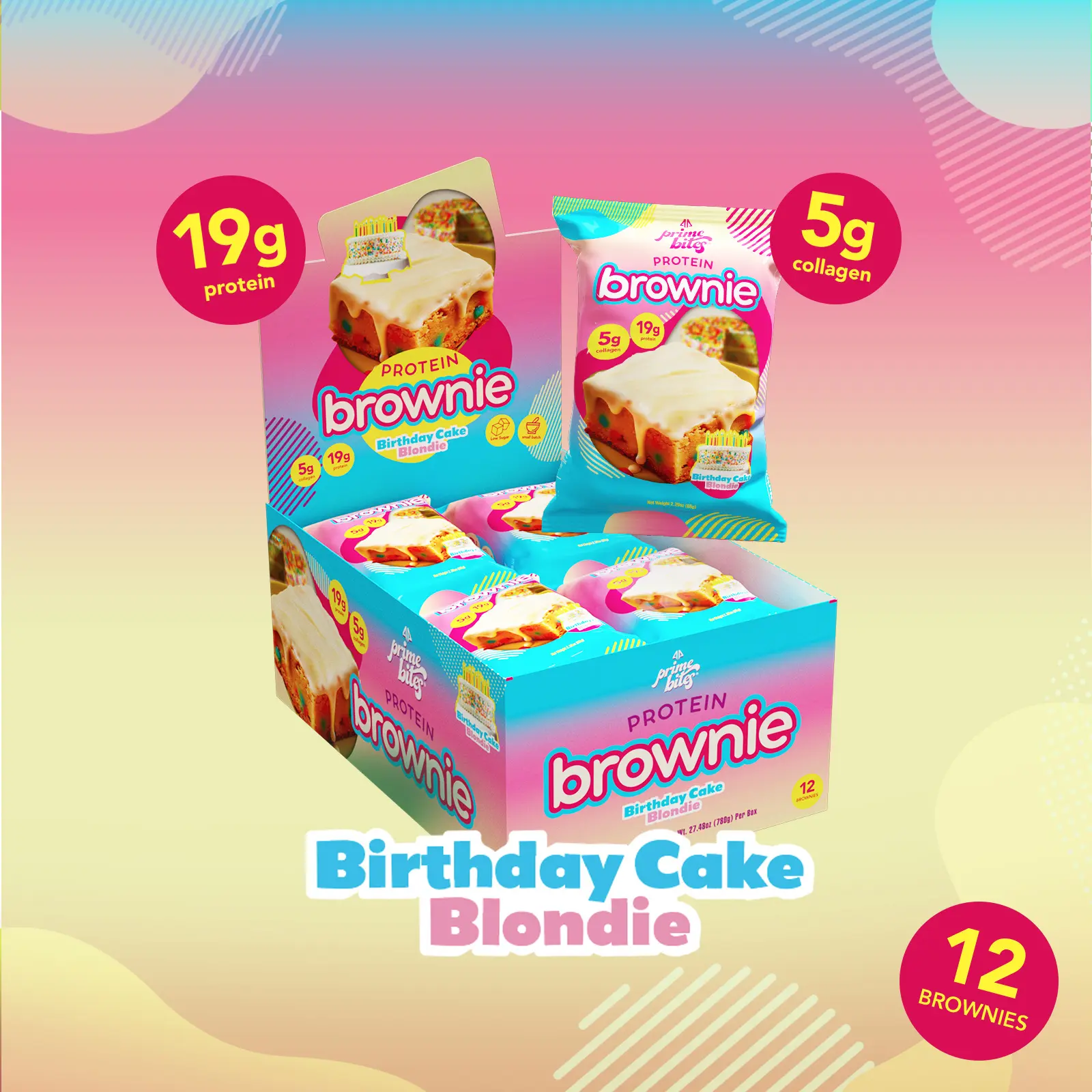 12 Pack - Birthday Cake Blondie Prime Bites High Protein Brownies - Low Sugar & 5G of Collagen 12 Pack - Birthday Cake Blondie Prime Bites High Protein Brownies - Low Sugar & 5G of Collagen