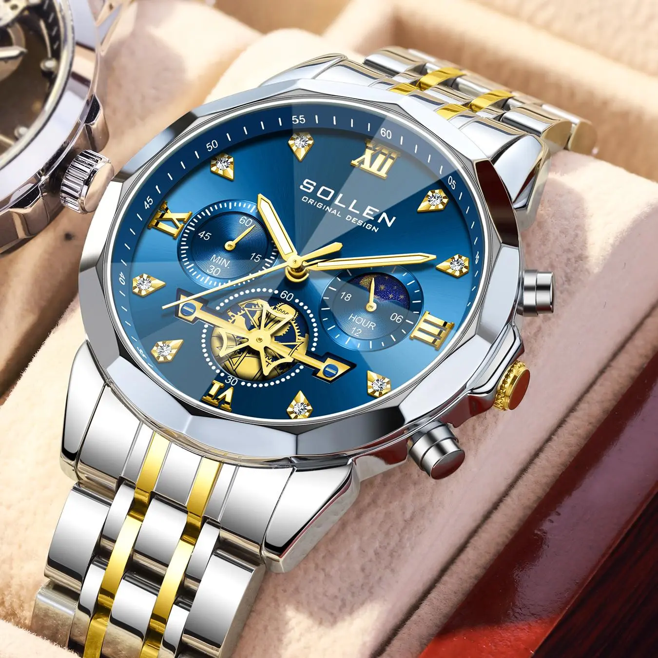SOLLEN Men's Business casual Moon Phase Chronograph - Large Dial Multi-Function Quartz, Water-Resistant Steel Strap, Premium Gift for Birthday (Boyfriend/Husband)/Valentine's Day/Father's Day/Wedding - 723