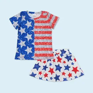 Blue red star shirt matching skirts kids girls July 4th outfit