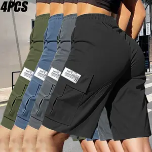 4-pack women’s casual cargo shorts with drawstring design; suitable for vacations/travel and commuting to work; street-casual shorts; summer shorts, summer clothing, women’s shorts, summer vibe