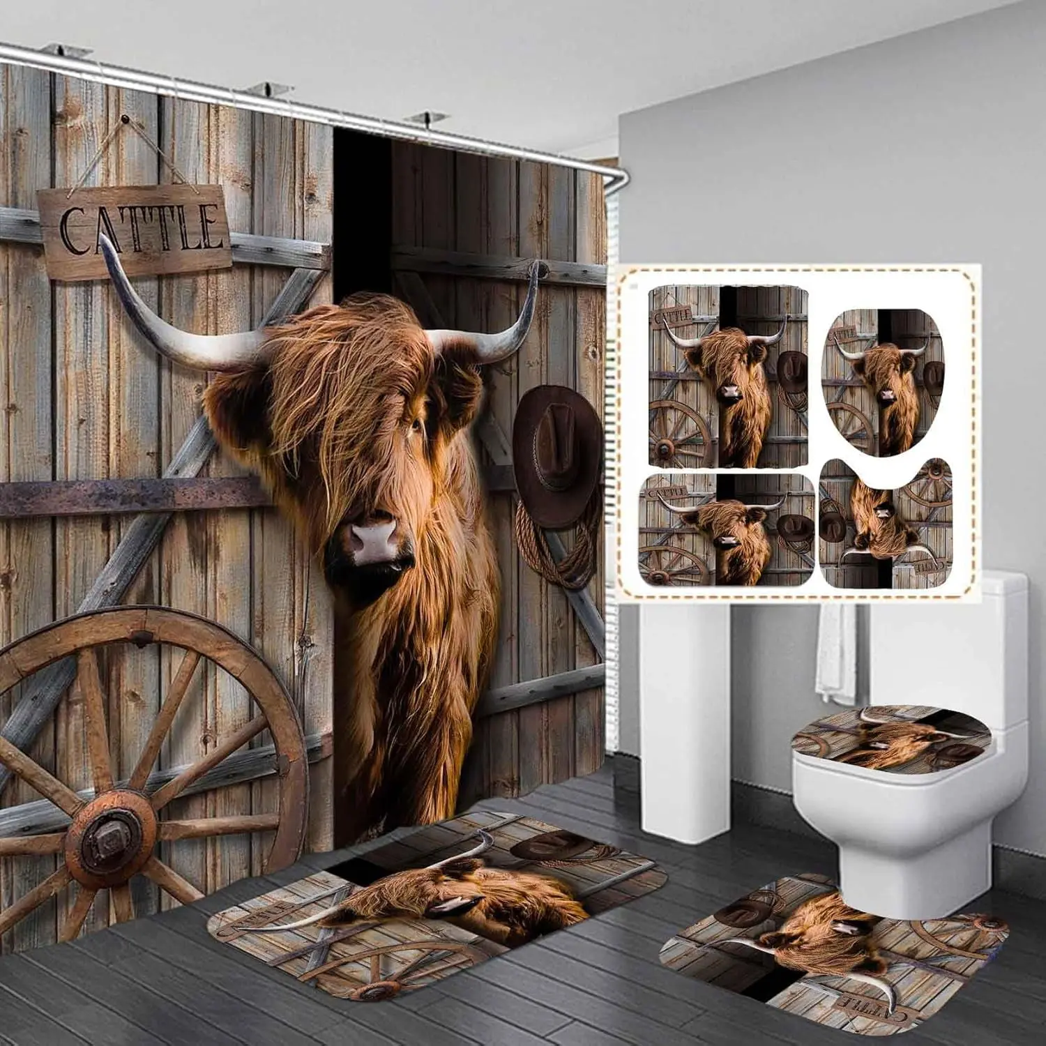 4PCS Retro Highland Cow Shower Curtain Set - 1pc Waterproof Polyester White Flannel Shower Curtain, Non-Slip Bath Mat, Sunflower Floral Farm Animal Western Rustic Farmhouse Bathroom Decor, 1Pc Shower Curtain