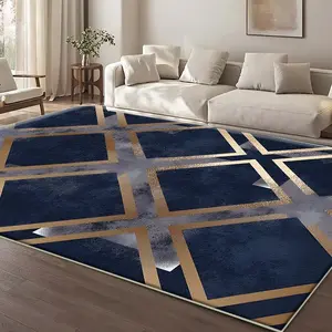 One blue and gold geometric patterned home rug, machine washable and fade resistant, soft and durable, suitable for holidays and any space, including hotels, offices, sofas, beside beds, hallways, etc.