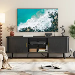 Aowos 59" TV Stand, Fluted TV Stand for TVs up to 65", Entertainment Center with Storage Compartment and Sliding Doors, Modern Media Console with Power Outlet for Living Room