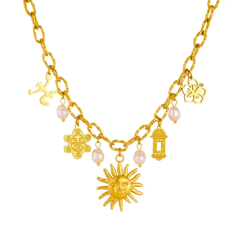 Puerto Rico Theme Necklace with Taino Sun God, Coquí Frog, Hibiscus Flower & El Morro Tower Charms, Gold Chain with Pearls, Boricua Cultural Pendant Jewelry for Women