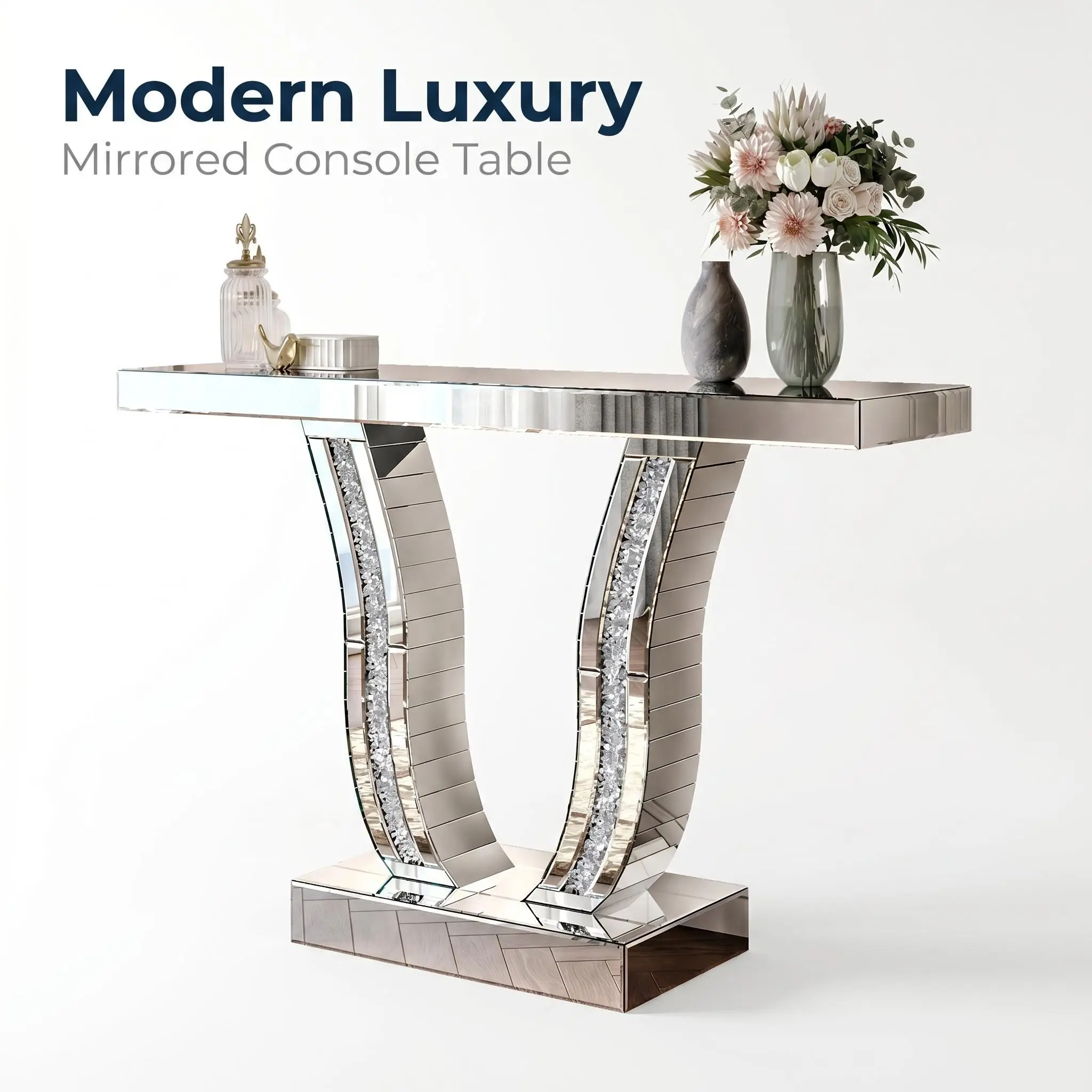 Summerwins Luxury Sparkling Mirrored Curved Console Table - Rhinestone Inlay, Decorative Metal Living Room Furniture, Full Mirror Finish Accent Piece for Small Living Room, Entrance Table, Ideal for Interior Designers
