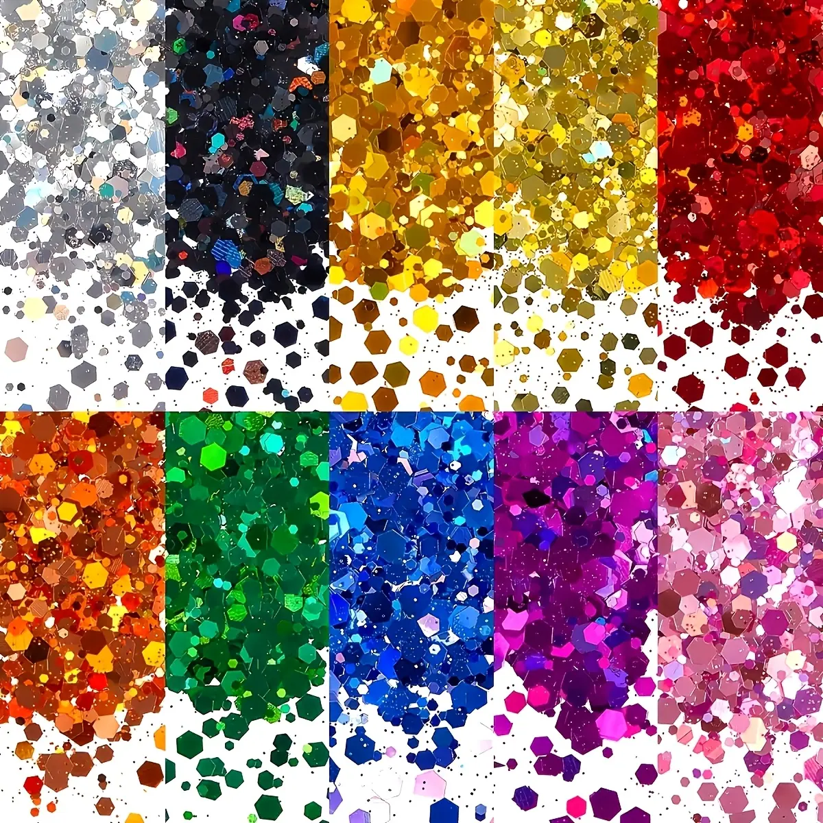 10 bags of holographic laser sequins. Suitable for nail decoration, DIY epoxy resin hexagonal mixed sizes, suitable for nail art, travel cup handicraft, resin molds, party decoration, and body decoration. Nail Art Supplies Nail Art Glitter
