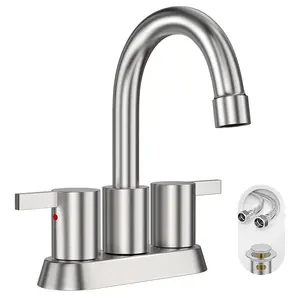Brushed Nickel 4-in Modern Double Handle Centerset Lead-Free Bathroom Sink Faucet - Includes Copper Pop-Up Drain, Water Supply Lines (Faucets for Bathroom Sinks), Double Handle Bathroom Sink Faucets