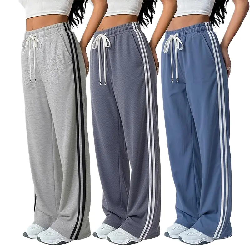 Women’s polyester striped American vintage straight-leg high-street drawstring sweatpants — machine washable, casual loose skate street pants suitable for spring and summer; polyester pants, loose skate pants.