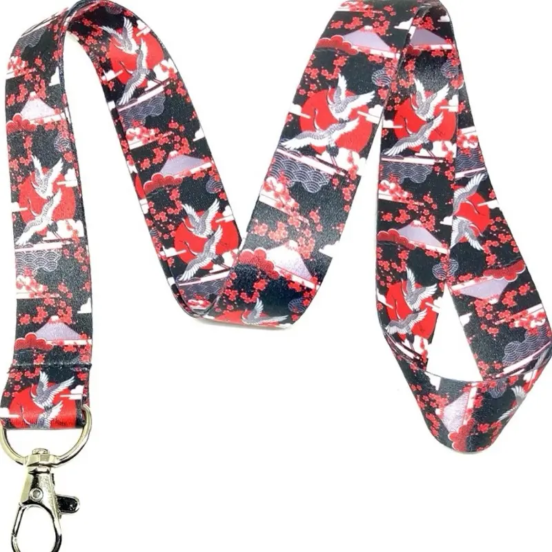 Japanese Art Lanyard Keychain ID Badge Holder – Red Black Scenic Crane, Cherry Blossom & Seigaiha Wave Pattern Neck Strap for Work, Office, Women & Men