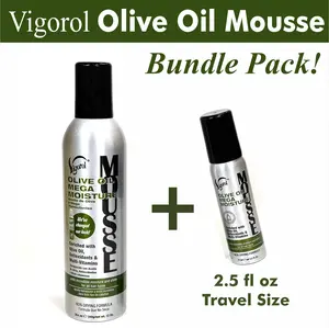 Olive Oil Mega Moisture Mousse by Vigorol in 12 oz (Standard) & 2.5 oz (Travel Size)