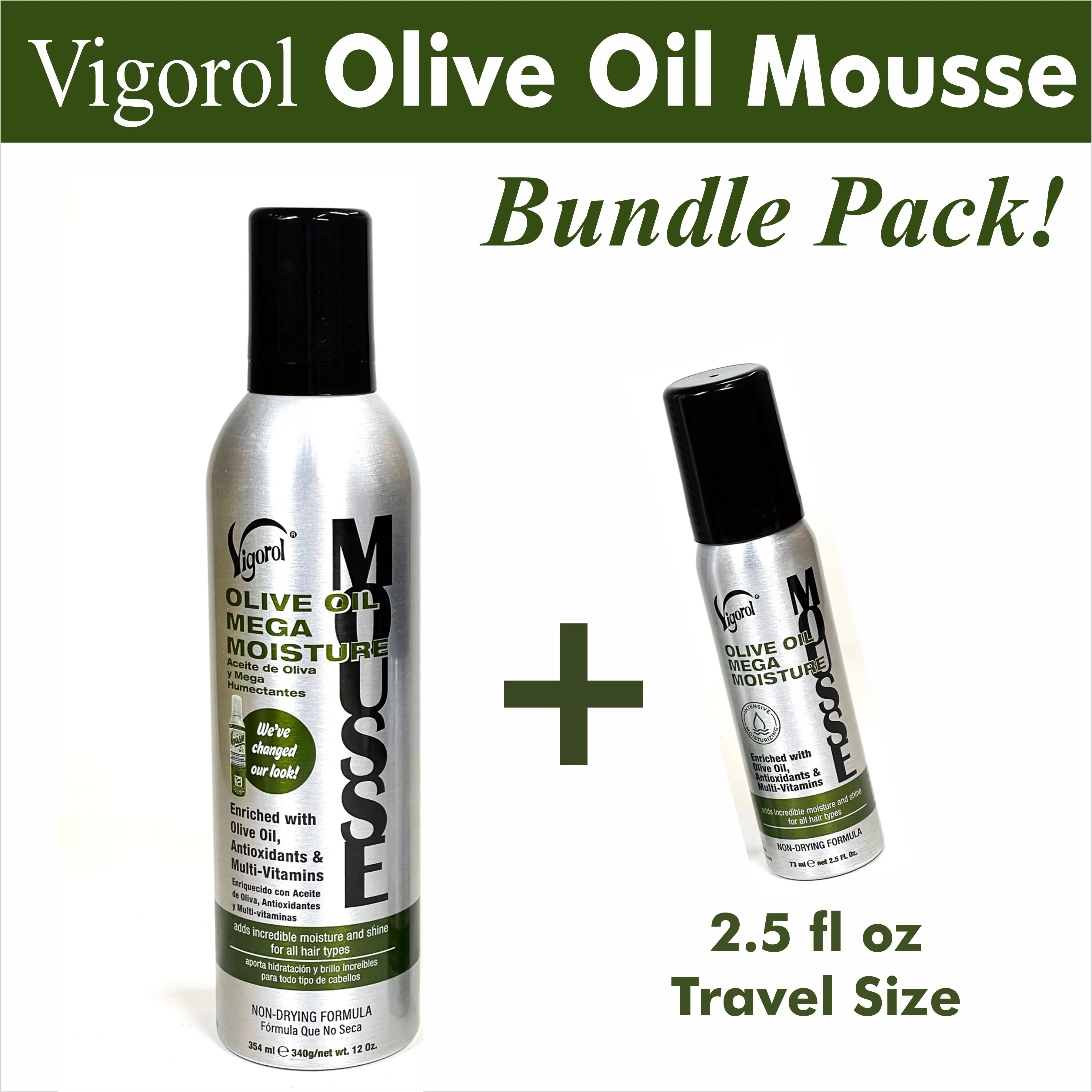 Olive Oil Mega Moisture Mousse by Vigorol in 12 oz (Standard) & 2.5 oz (Travel Size) Haircare Foam