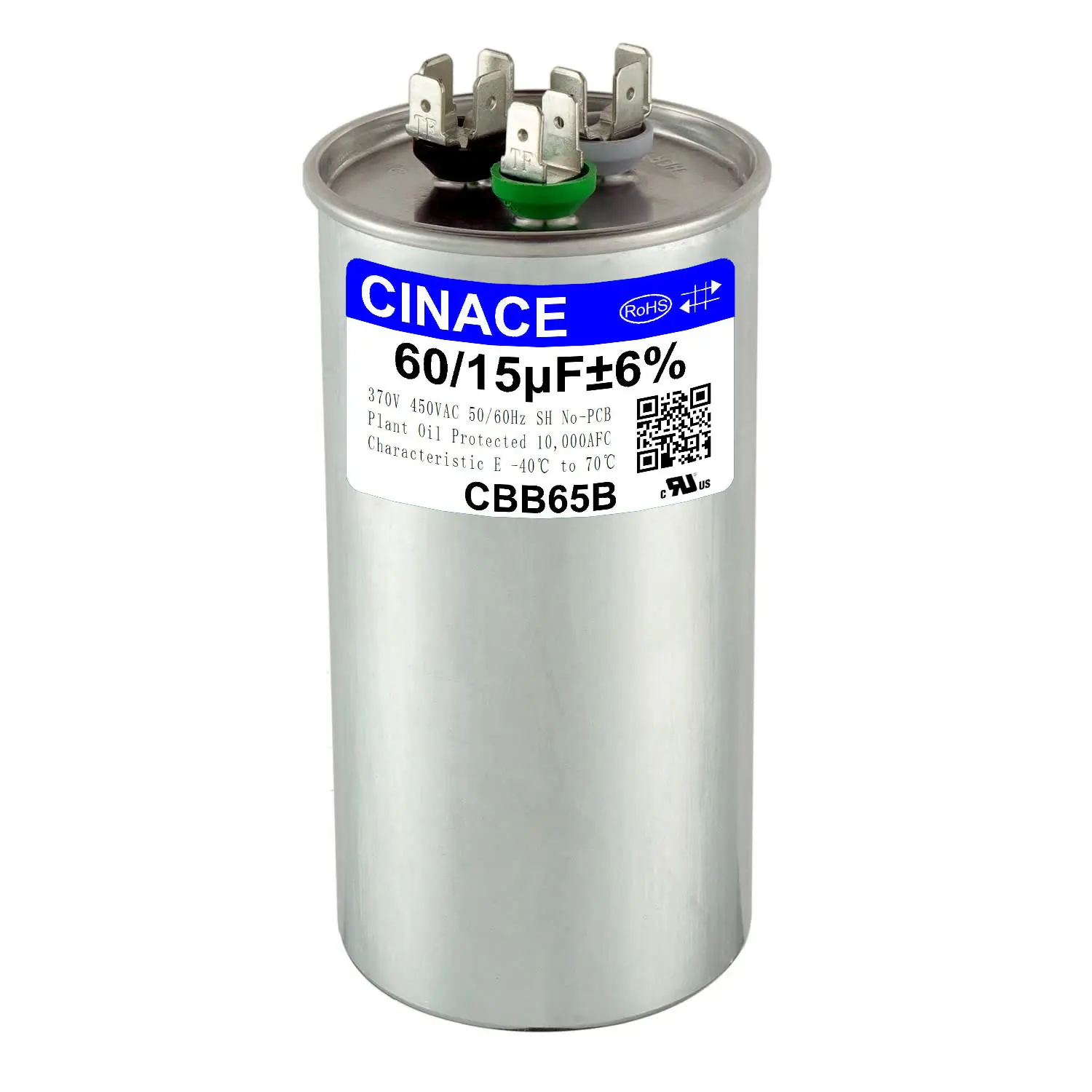 CINACE 60+15μF 60/15 MFD ±6% CBB65B Round Dual Run Circular Start Capacitor, 370/450VAC 50/60Hz, AC Compressor & Fan Motor Capacitor for Air Conditioner, Condenser Straight Cool, Heat Pump, HVAC System, Ice Maker