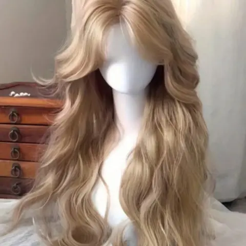 Women's Gold Long Wavy Wig with Bangs, Heat-Resistant Fiber, Synthetic Hair, Perfect for Daily Wear, Cosplay, Parties, Halloween, Christmas, Music Festivals