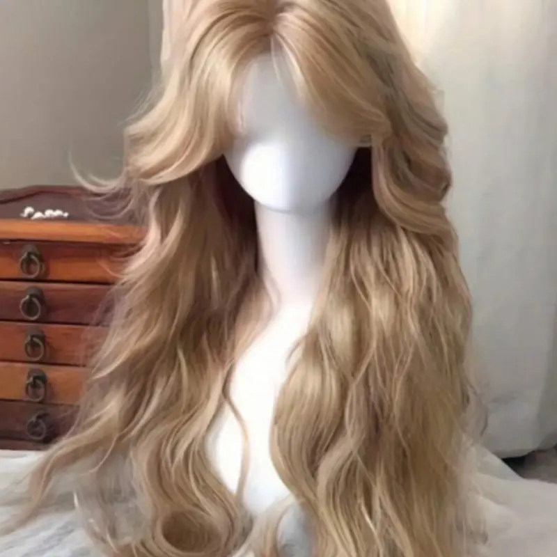 Women's Gold Long Wavy Wig with Bangs, Heat-Resistant Fiber, Synthetic Hair, Perfect for Daily Wear, Cosplay, Parties, Halloween, Christmas, Music Festivals