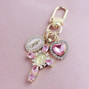 Beautiful Elegant Virgin Mary Catholic Religious Pink Gemstone Cross Charms Keychain for Women with Sparkling Pink Gem Accents
