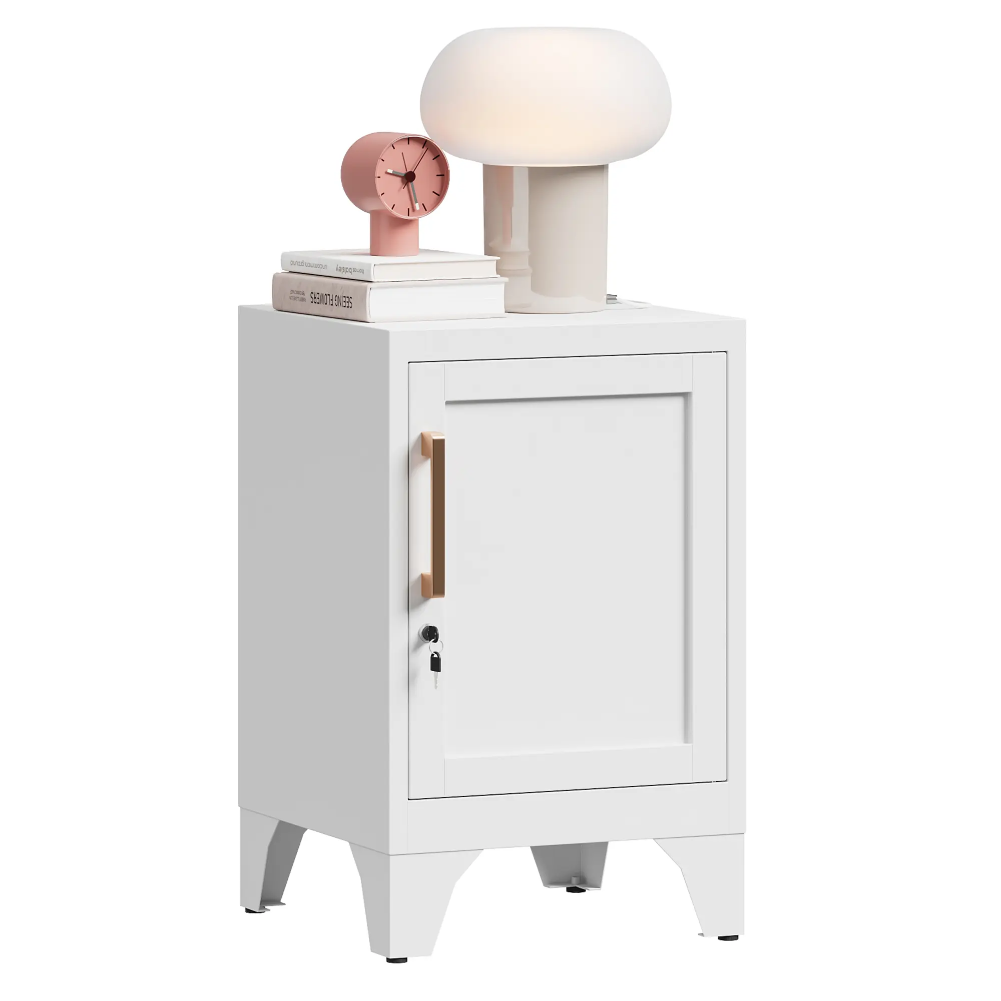 LONGLINK Metal Frame Headboard Nightstand Cabinet with Lock, Industrial Style, 15x15x23.6" White Steel Construction, Open Shelving & Small Storage Compartment, Requires Assembly, Suitable for Bedroom & Office