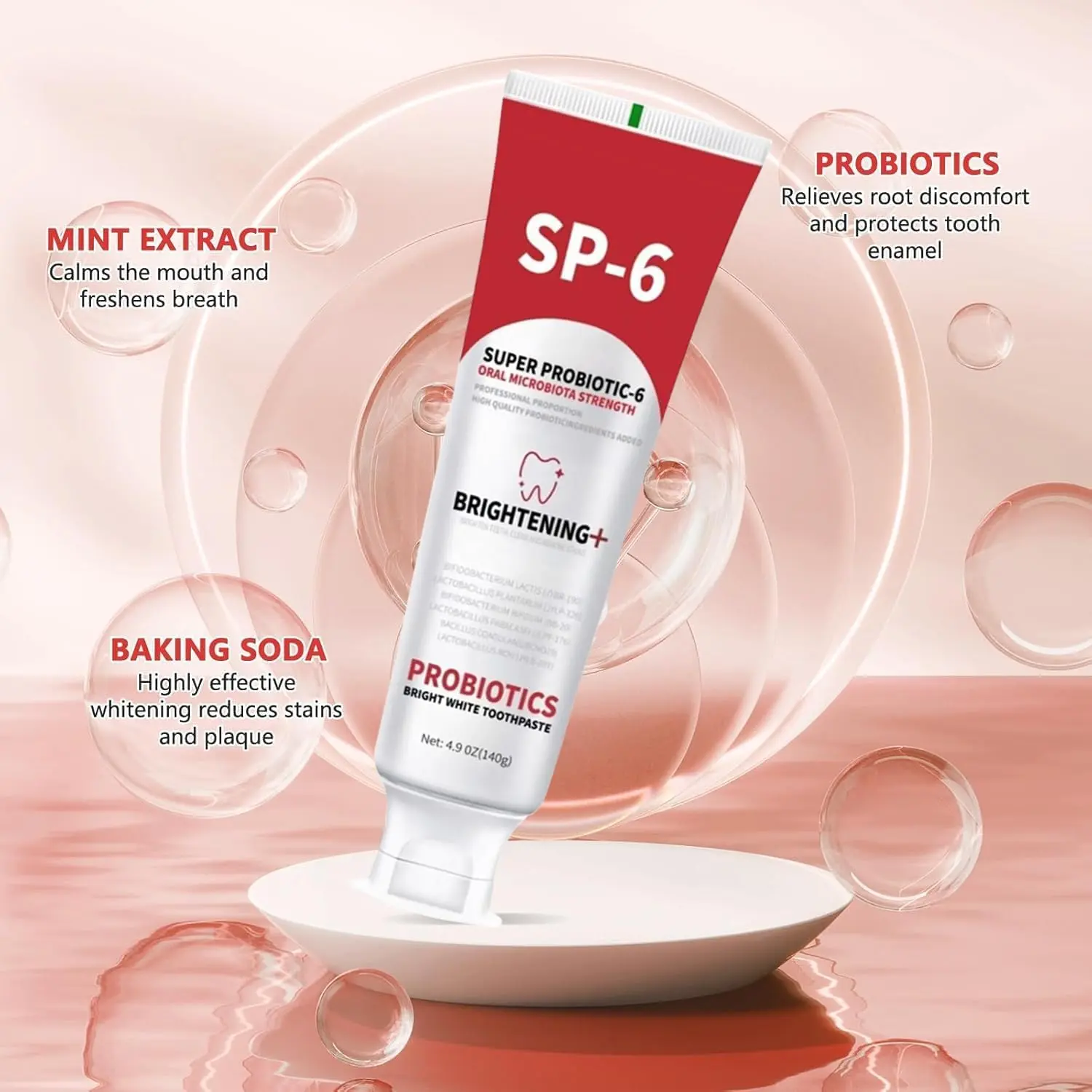 SP-6 Probiotic Toothpaste - Niacinamide Whitening Toothpaste Enhanced Formula with 6 Probiotics for Teeth Whitening and Gum Health - Enamel-Safe, Fluoride-Free, Fresh Mint Flavor