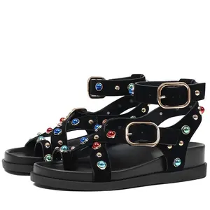EROCALLI Women'sFlat Sandals for Women Dressy: Summer Comfortable Walking Flats Sandal Jazzy Embellished Sandals  Summer Flat Crystal BeadedStudded Strappy Boho Adjustable Buckle Straps  Walking Party Dress Flip Flops Shoes Casual Beach  Sandals