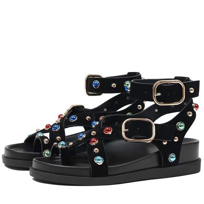 EROCALLI Women'sFlat Sandals for Women Dressy: Summer Comfortable Walking Flats Sandal Jazzy Embellished Sandals  Summer Flat Crystal BeadedStudded Strappy Boho Adjustable Buckle Straps  Walking Party Dress Flip Flops Shoes Casual Beach  Sandals