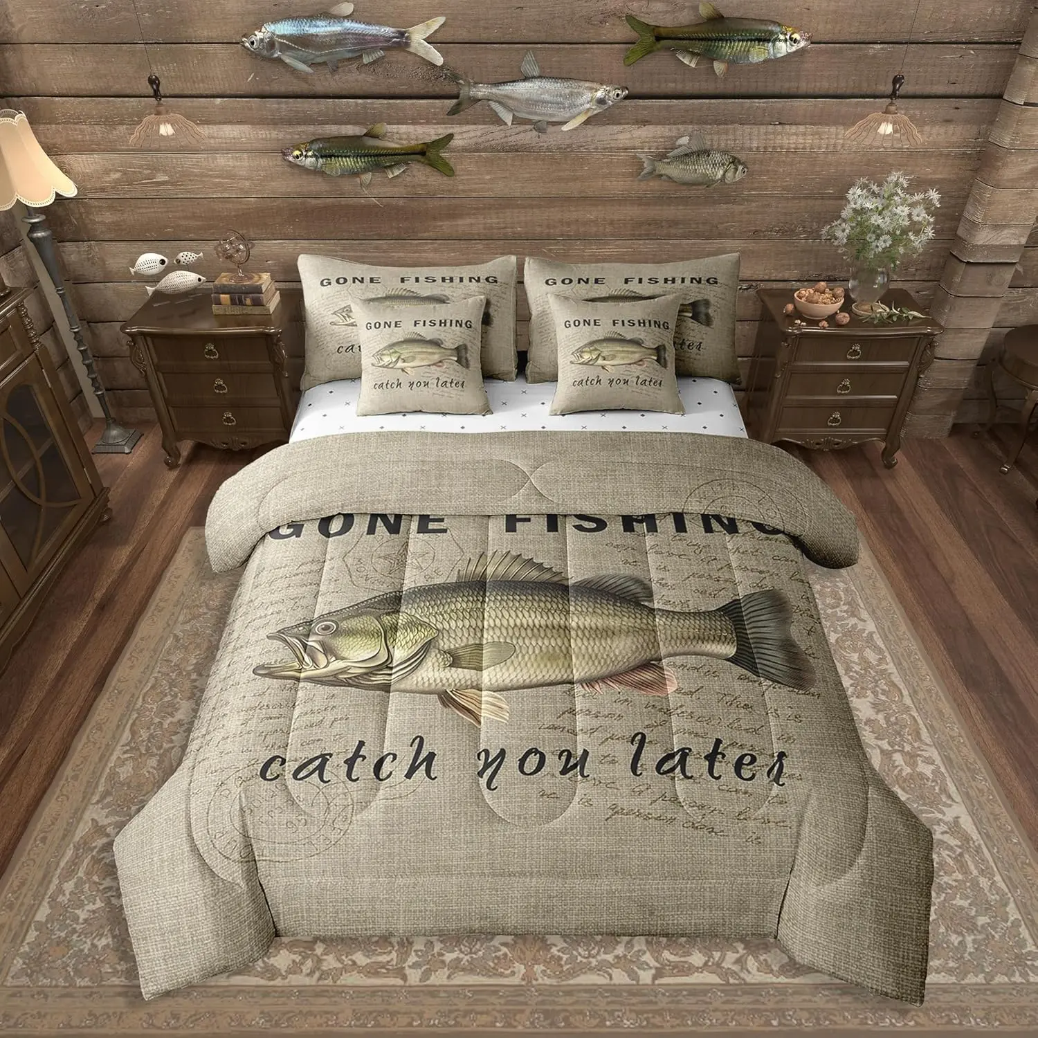 Feelyou 7-Piece Ultra Soft Farmhouse Bedding Set - Quilt Set Including Bedspread, Pike Fish Duvet Insert, Lake House Sheets, Rustic Themed for Multiple Sizes