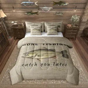 Feelyou 7-Piece Ultra Soft Decorative Bedding Set - Includes Bedspread, Pike Fish Duvet Insert and Lake House Sheets, Rustic Theme Set for Multiple Sizes