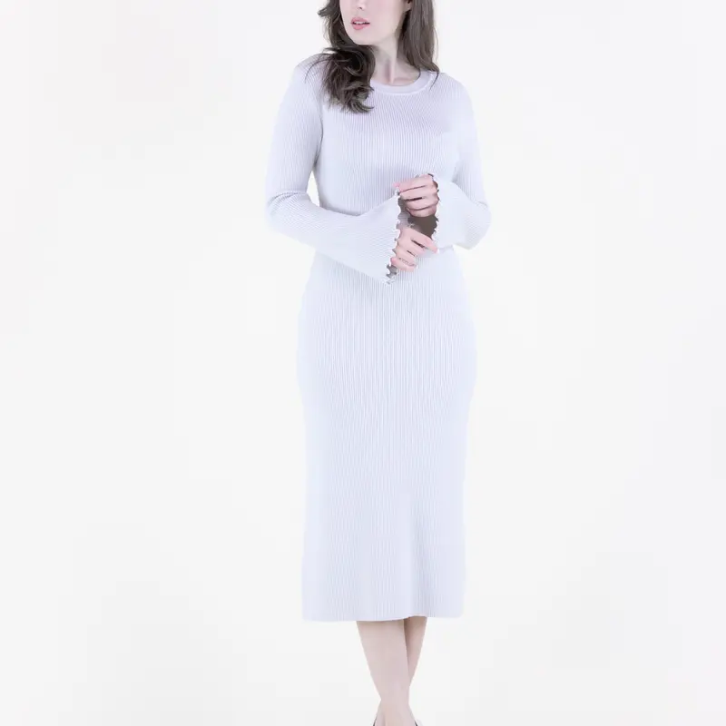 Women's Ribbed Viscose Knit Fitted Casual Midi Dress - Round Neck, Long Flare Sleeves with Flared Cuffs, Wavy Hem, Light Hue, Classic Ribbed Texture, Simple Style, Casual Wear, 1-Piece Knit Overall, Hand Washable, L-XL Sizes
