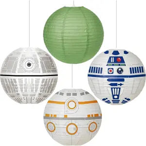 4Pcs Galaxy Wars Hanging Paper Lanterns Outer Space Party Decorations 10 Inch Black Stars Science Fiction Party Round Paper Lanterns for Universe Star Them