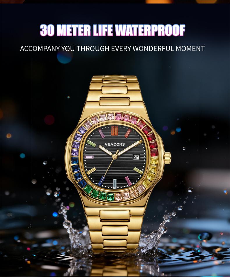 Brand Counter Authentic Premium Boutique Luxury Square Wristwatch – Rainbow Crystal Accents | High‑End Men’s Timepiece with Diamond Mirror Finish  | Versatile Casual & Business Look | Ideal Gift for Him | Stylish Wristwatch with Date Function