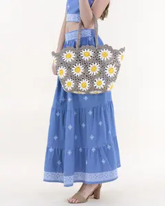 Handmade Crochet Knitted Daisy Floral Granny Square Summer Shoulder Tote Bag Purse