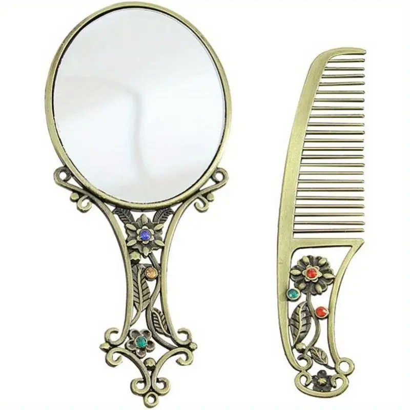 Women's Retro 2-Piece Makeup Mirror Comb Set - Double-Side Mirror with Exceptional Clarity, Portable Mixed Patterns Metal Comb, 5.11x2.36x0.59 Inch, Ideal for Contouring, Gifts for Women