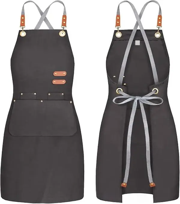 Pack of 2 Chef Apron Bib Tool Apron for Man Woman Cross Back Straps with 4 Pockets for Kitchen Cooking Gardening Baking Working