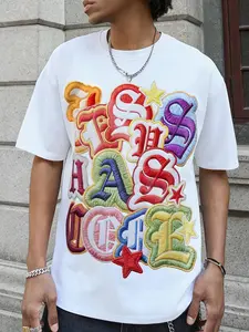 Men's Minimalist Printed Round Neck Short Sleeve T-Shirt, Slim-Fitting Fashion Top, Cartoon Pattern, Long Clothing, No Zipper