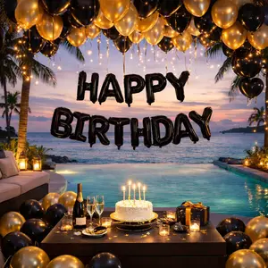 Black & Gold Birthday Balloon Set – Foil Letter Balloons, Heart Balloons & Ceiling Party Decor for Bedroom, Hotel, Photo Backdrop, Surprise Celebration Birthday Party SuppliesParty Decorations