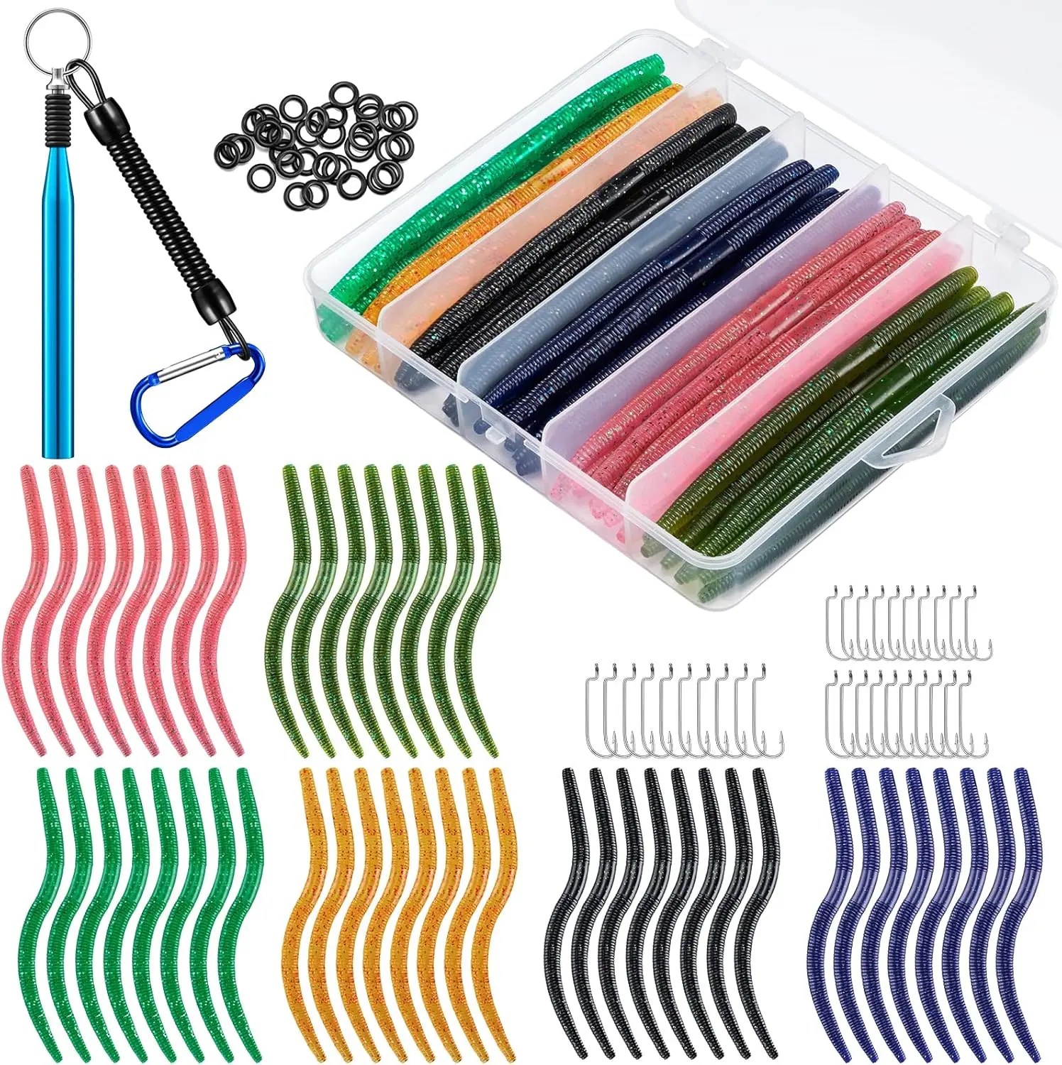 Wacky Worm Kit for Bass Fishing, 48Pcs 5.5" Fishing Lure, 100 O-Rings, Wacky Rig Tool, 30 Hooks and Tackle Box