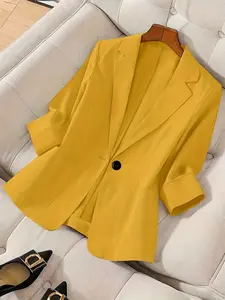 Women's Linen Texture Blazer Jacket, Simple Collar Single Button Design, Breathable Comfort Fabric, Loose Slim Fit, All Seasons Wear