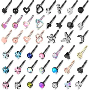 [Party Accessories] 44pcs of 20G Nose Rings, Screws, Nose Rings, Perforated Jewelry Surgery, Stainless Steel Nose Rings, Moon Stars, Heart Butterflies, Hypoallergenic Body Perforated Jewelry Suitable for Daily Jewelry Styling and Party Accessories