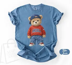 Comfort Colors® Patriotic Bear T-Shirt, American Teddy Bear Shirt, USA Flag Bear Art Tee, 4th of July T-Shirt, USA Bear Fourth Of July Tee