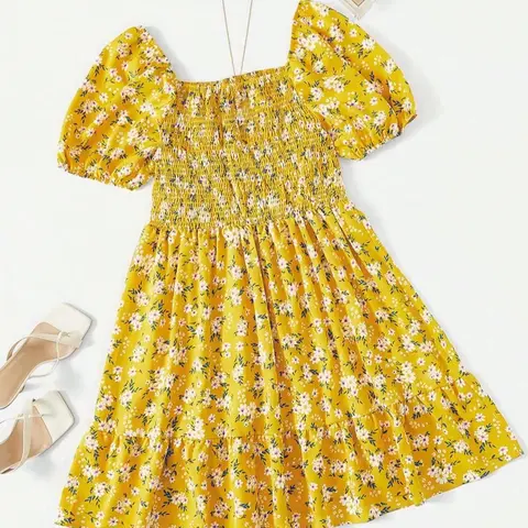 Women's Plus Size Plain / Ditsy Floral Print Shirred A Line Dress, Boho Aesthetic Casual Short Ruffle Hem Square Neck Sleeves Dress for Beach Vacation Holiday, Women's Clothes for Summer, Bohemian, Bohemian Summer Outfit