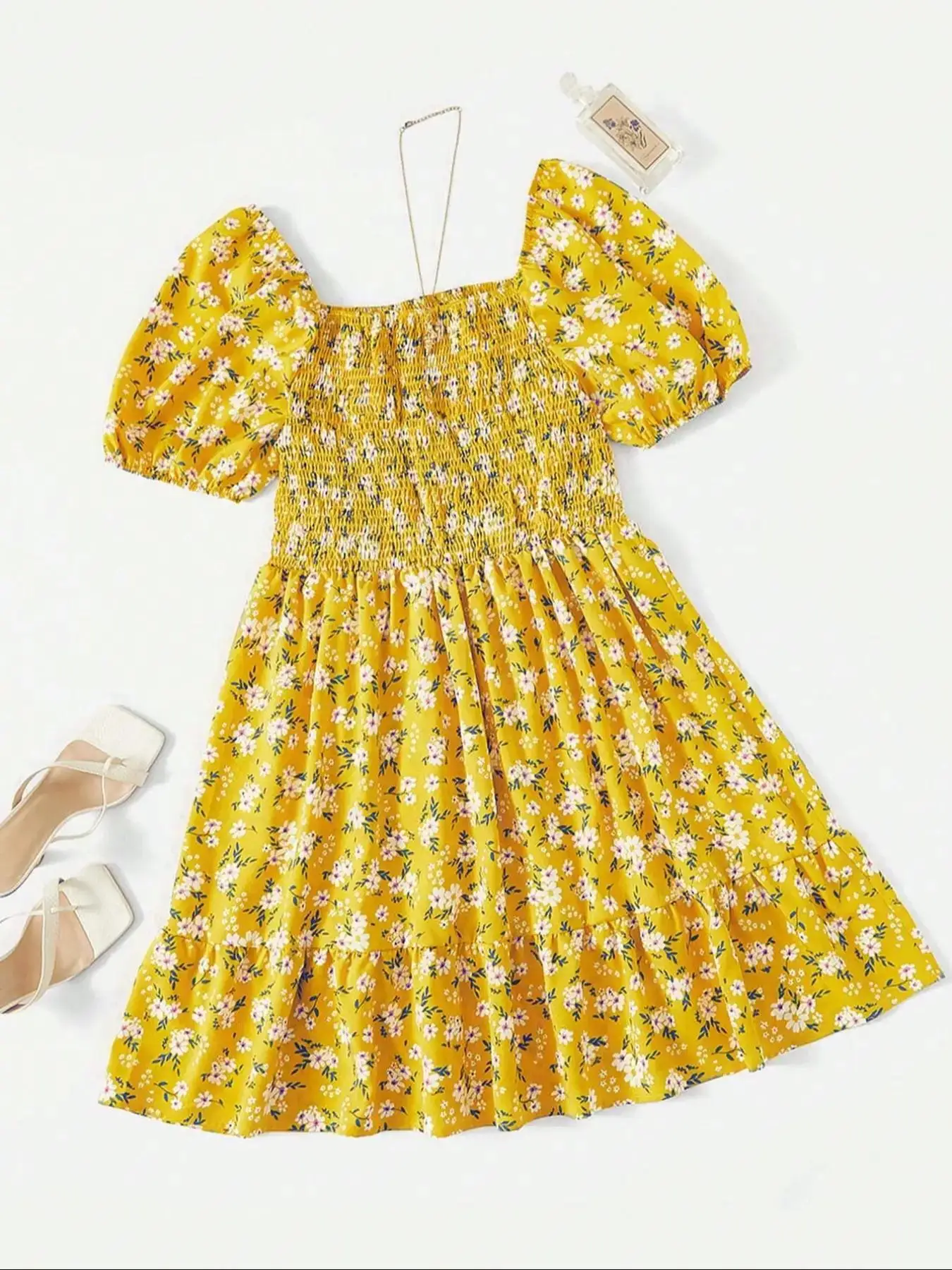 Women's Plus Size Plain / Ditsy Floral Print Shirred A Line Dress, Boho Ruffle Hem Square Neck Dress for Beach Vacation Holiday, Women's Clothes for S